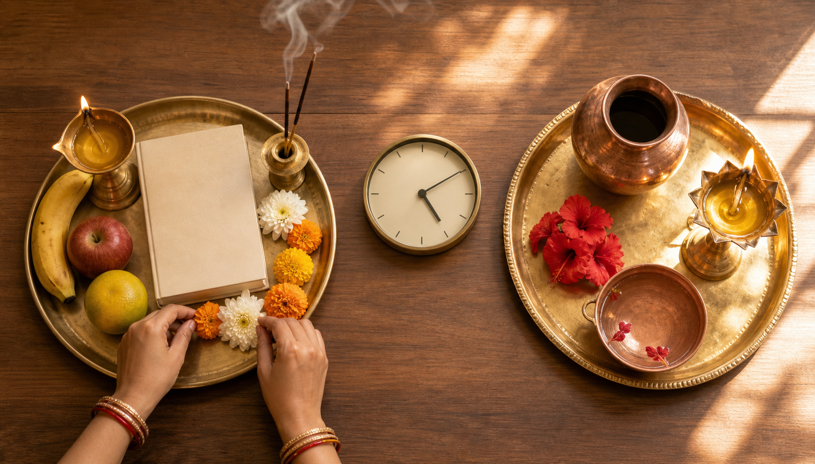 Two separate puja arrangements sit on either side of a numeral-free clock while hands complete the earlier offering first.