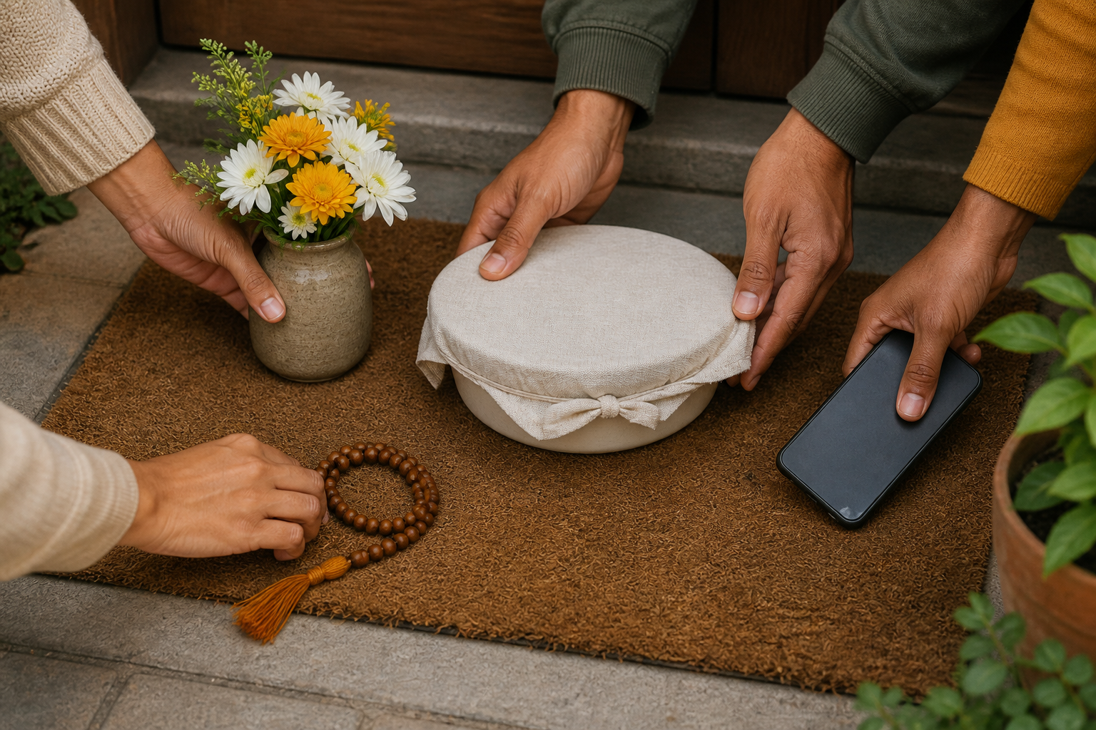 Several hands leave a meal, flowers, and prayer beads at a doorstep beside a face-down phone.
