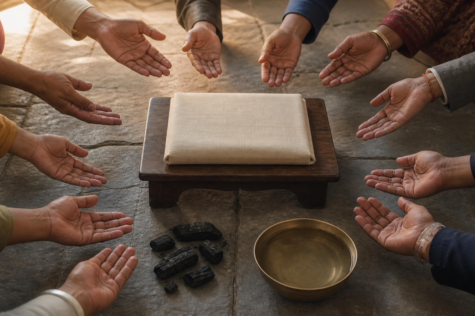 A cloth-wrapped sacred manuscript on a wooden stand is surrounded by protective hands, extinguished embers, and a brass bowl of water.