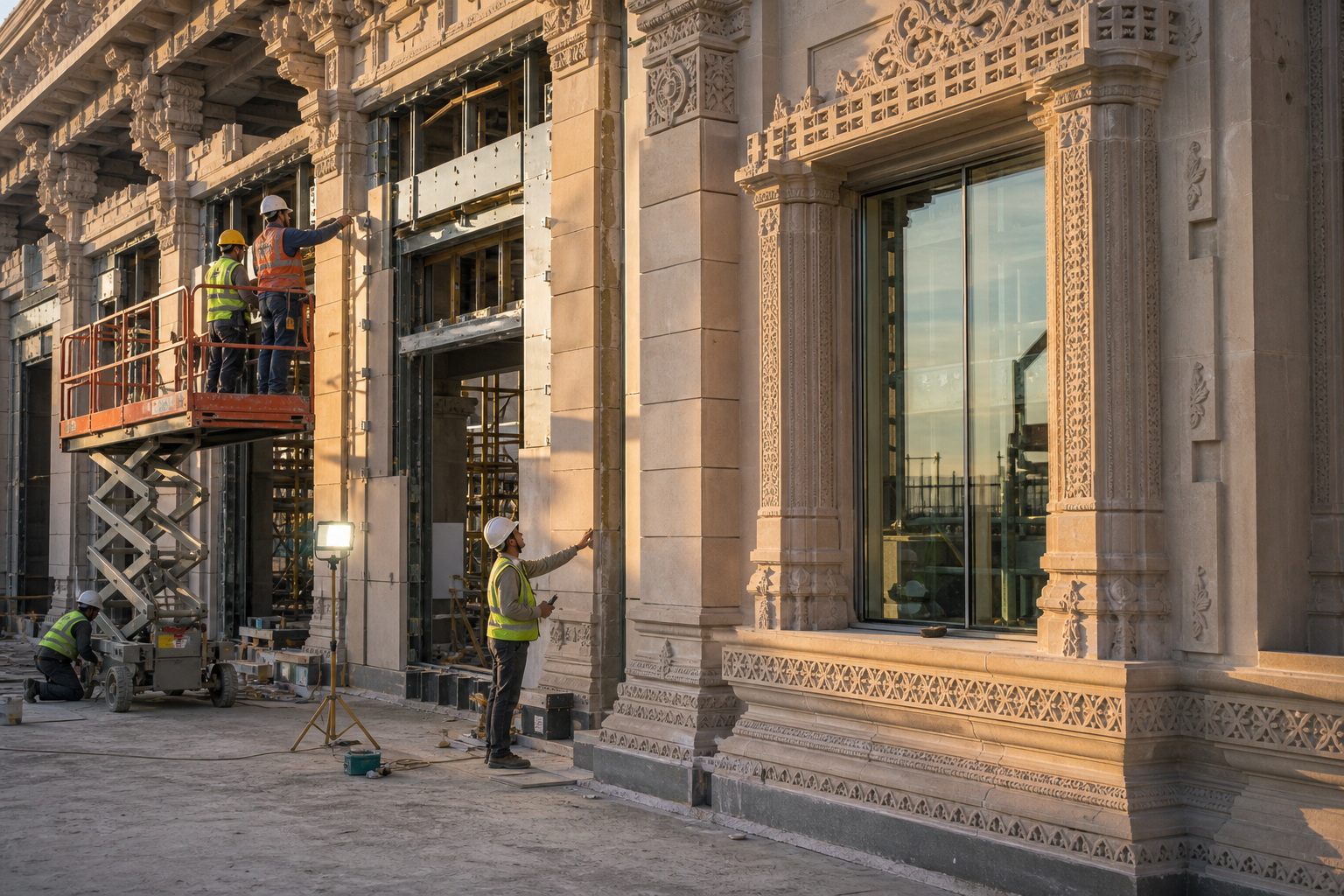 Workers inspect a finished temple bay beside areas where glazing, stone panels, lighting, and surface details are still being installed.