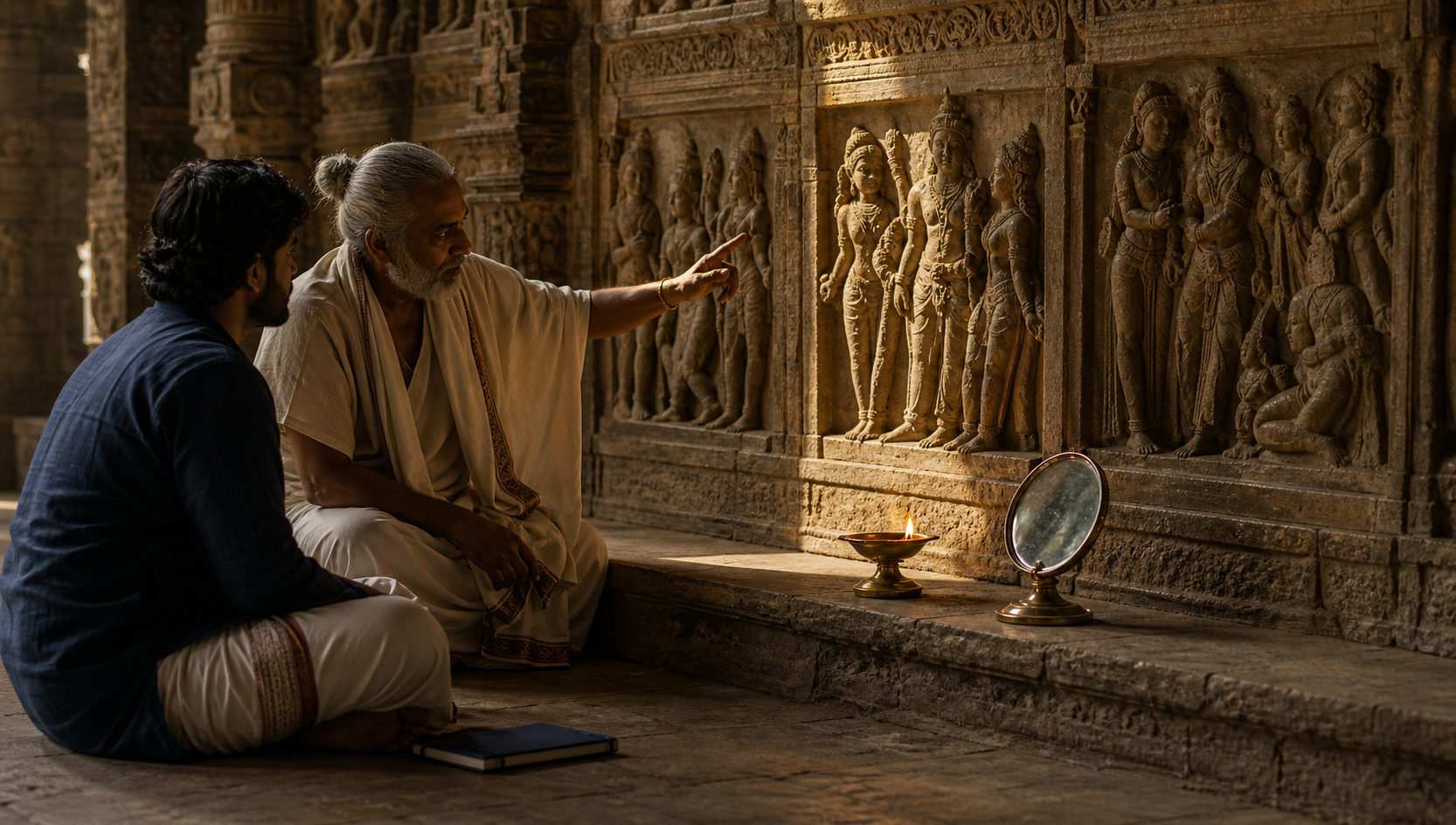 A seated listener and an elder examine narrative carvings in a pillared temple hall beside an oil lamp and bronze mirror.