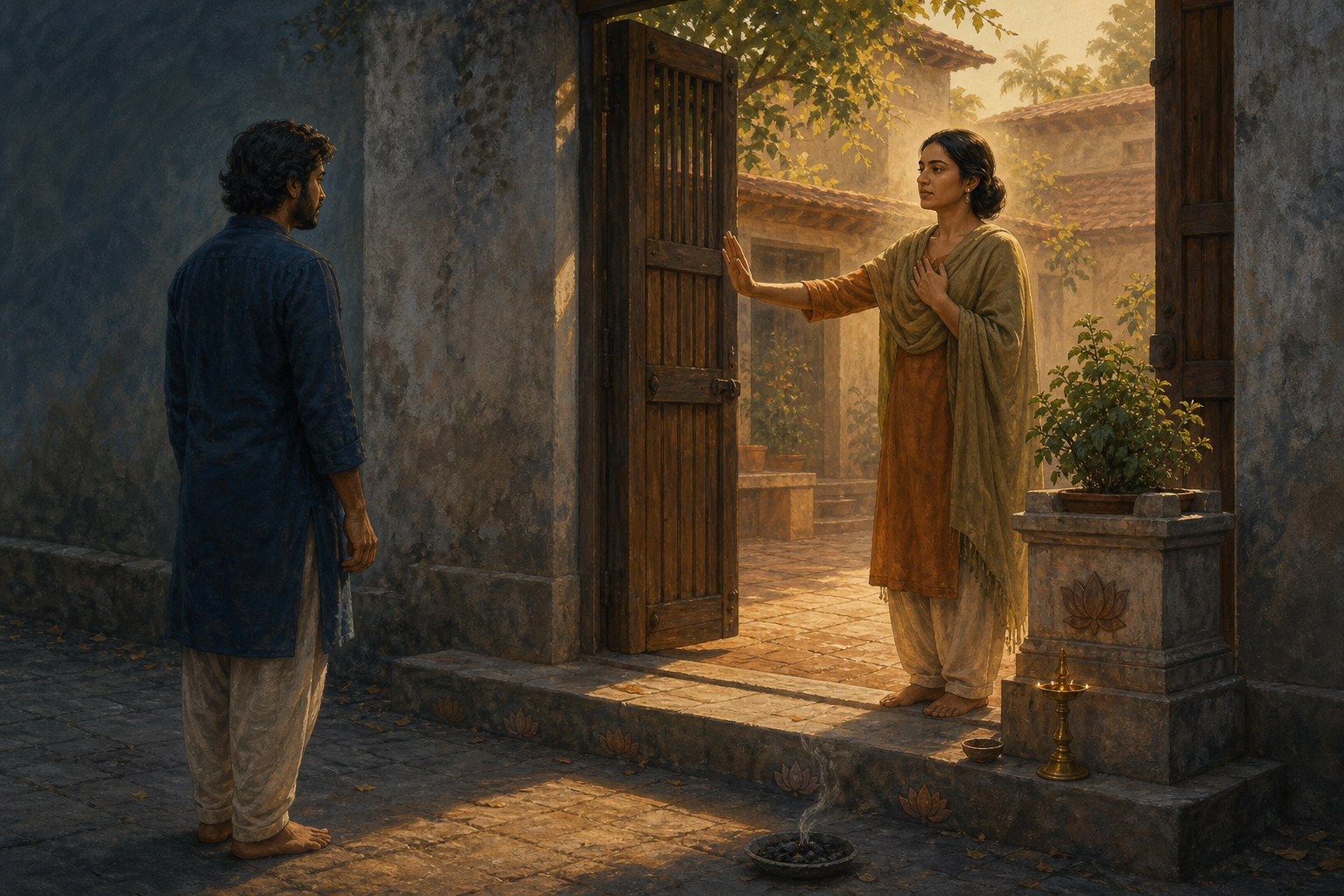A person stands inside a courtyard with one hand on their heart and the other raised as a calm boundary while another person remains outside an open gate.