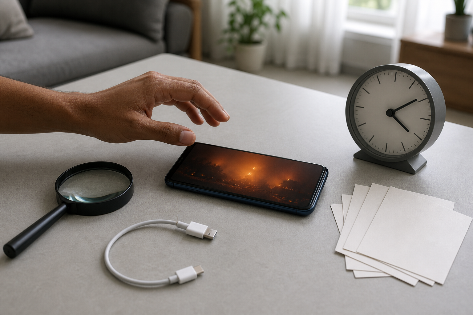 A hand pauses above a smartphone showing an indistinct fire-lit video beside a magnifying glass, clock, and blank note cards.