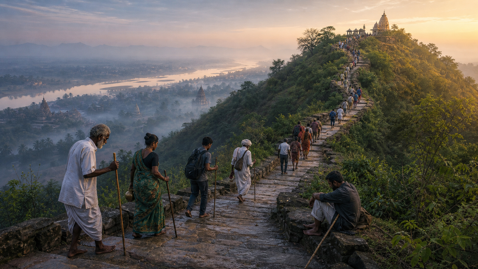 Pilgrims climb a winding stone stairway through a forested hill toward a small shrine at sunrise.