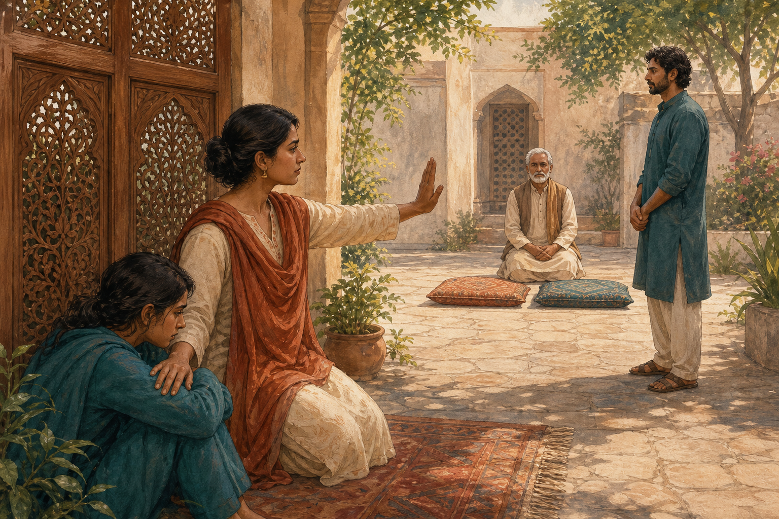 A woman moves a vulnerable person behind a wooden screen and addresses another person from a distance while a neutral elder waits nearby.