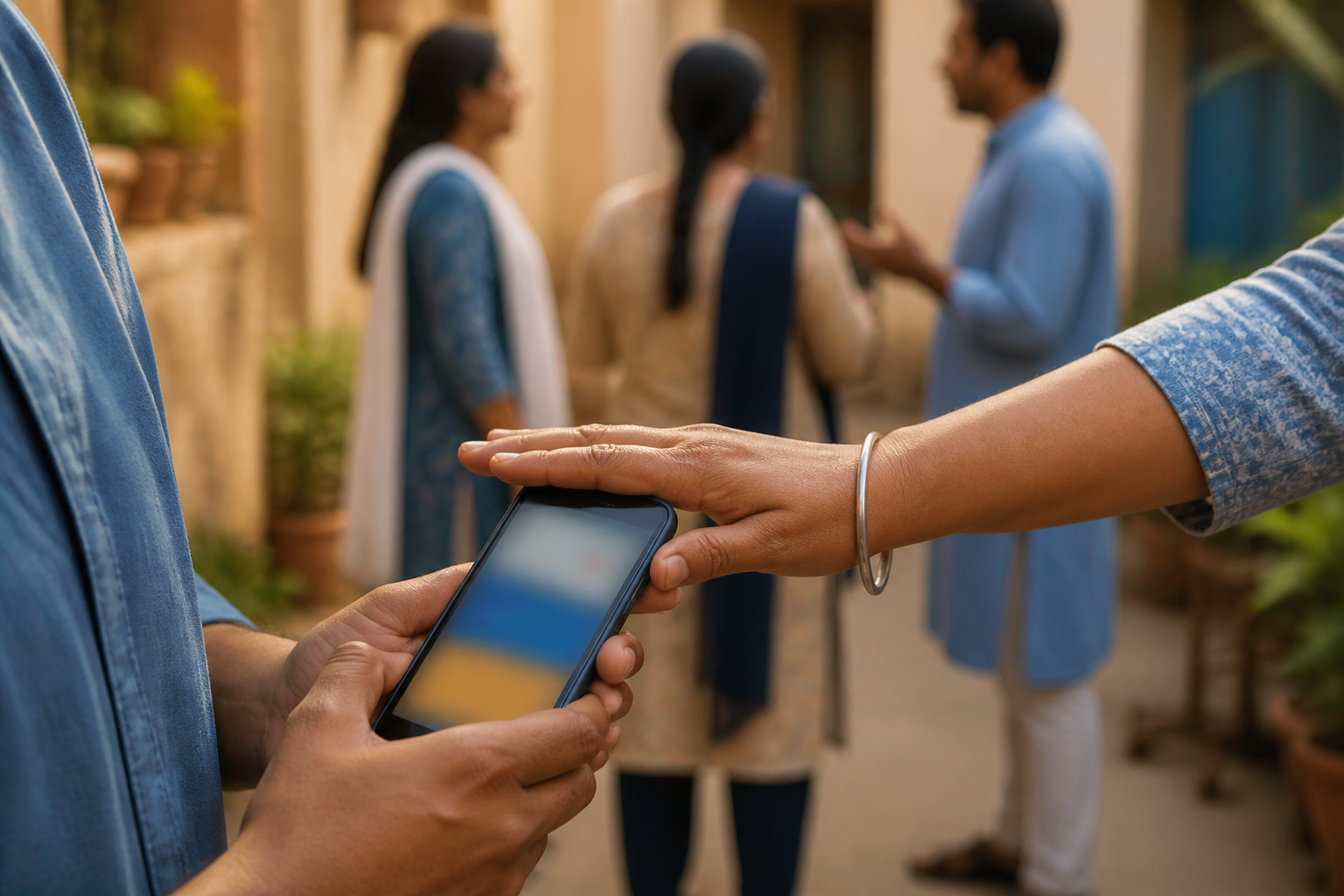 One person gently lowers another person's smartphone while neighbors speak together in a courtyard behind them.