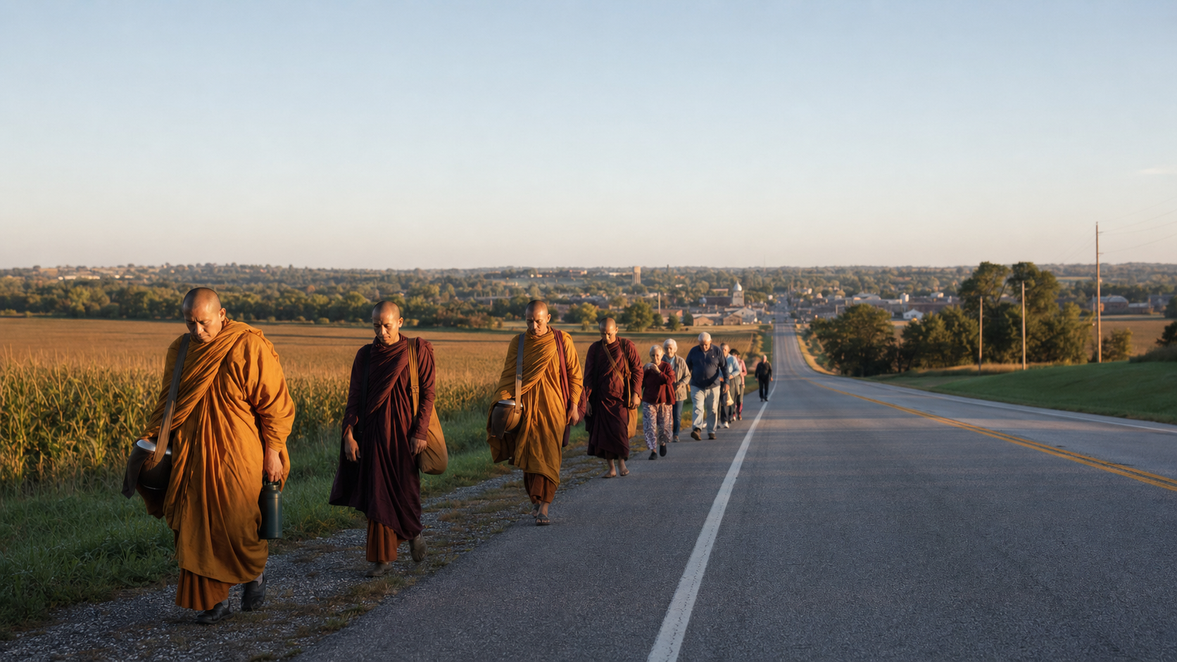 Buddhist monastics and local residents walk quietly along a rural American road in early morning light.
