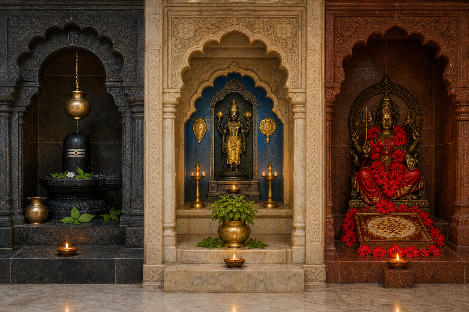 Three separate shrine alcoves contain Shaiva, Vaishnava, and Shakta sacred forms with distinct offerings and lamps.