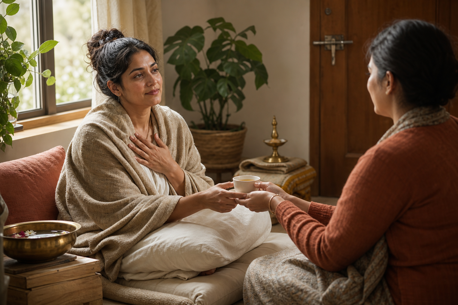 A seated person wrapped in a shawl receives a warm cup from a supportive friend in a quiet room with a closed door.