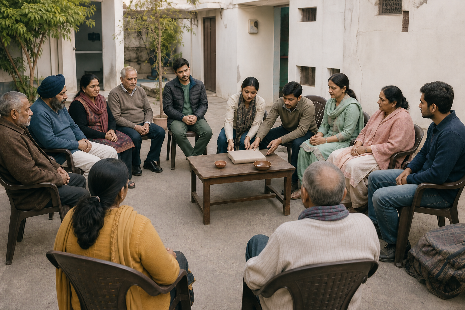 Community members sit in a listening circle around a table holding a cloth-covered book, an extinguished clay lamp, and a bowl of water.
