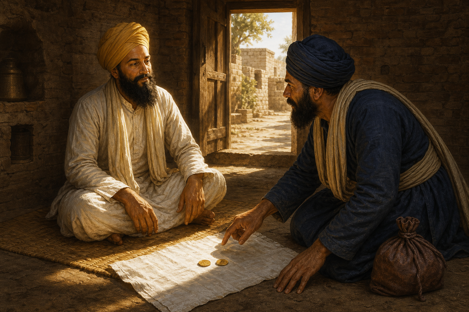 Bhai Makhan Shah kneels before Guru Tegh Bahadur in a modest chamber, with two gold coins on a white cloth between them and a tied purse beside him.