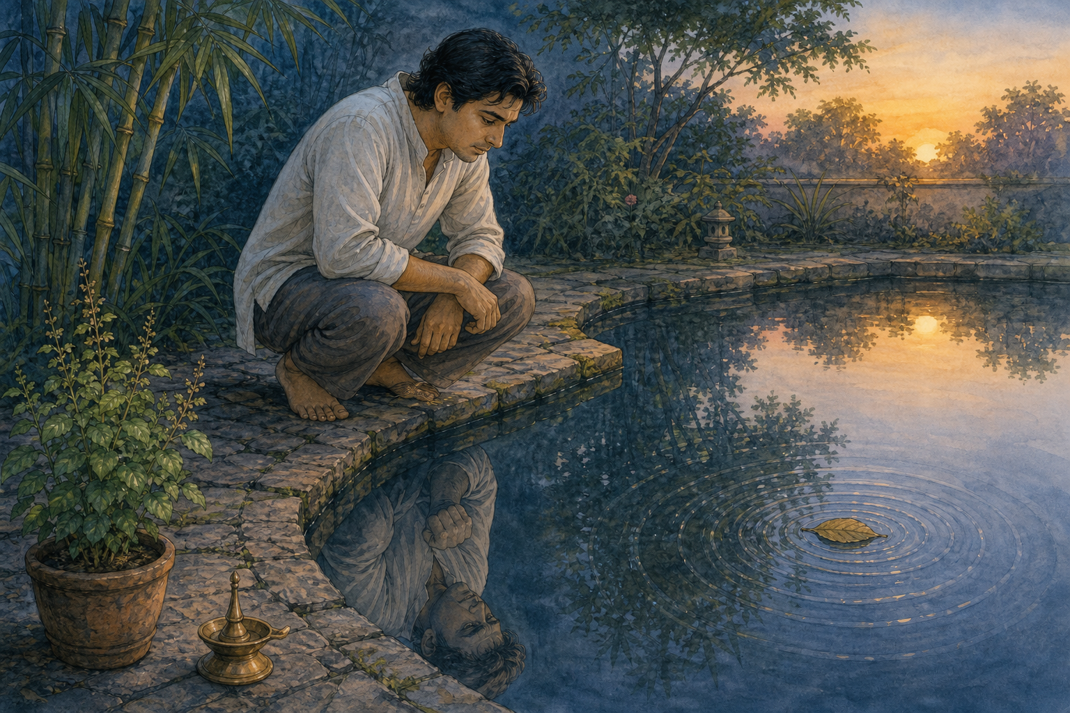 A person pauses beside a garden pond and watches ripples around a fallen leaf while a tense reflection appears in the water.