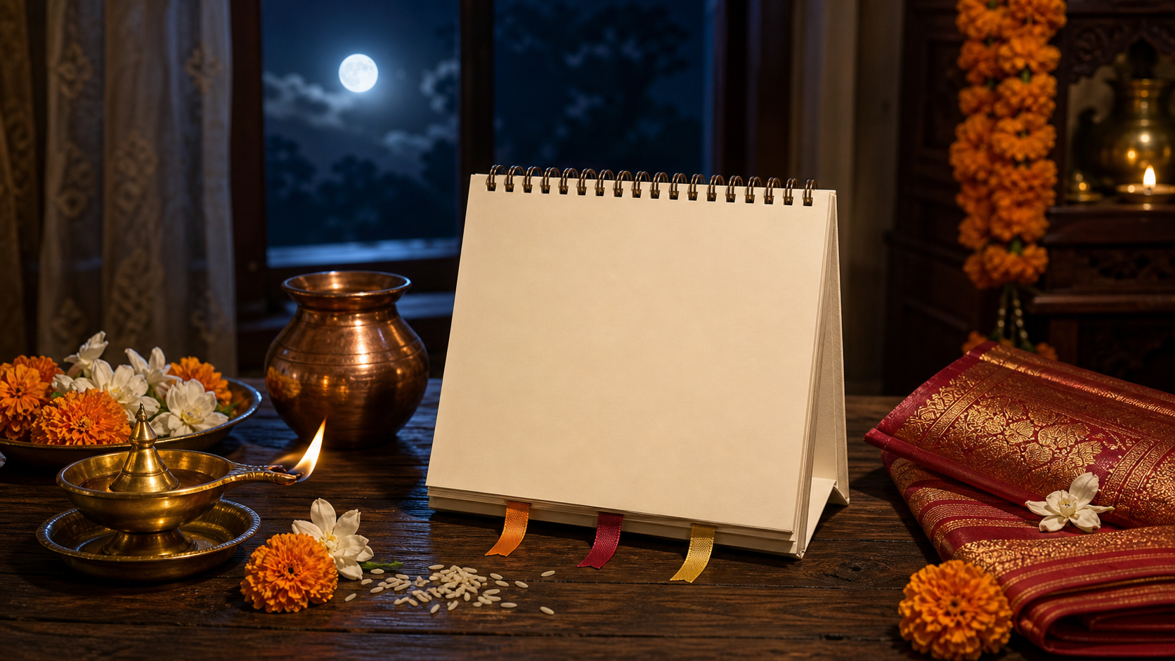 A blank desk calendar with ribbon markers sits beside a brass diya, copper vessel, flowers, rice, and folded puja cloth.