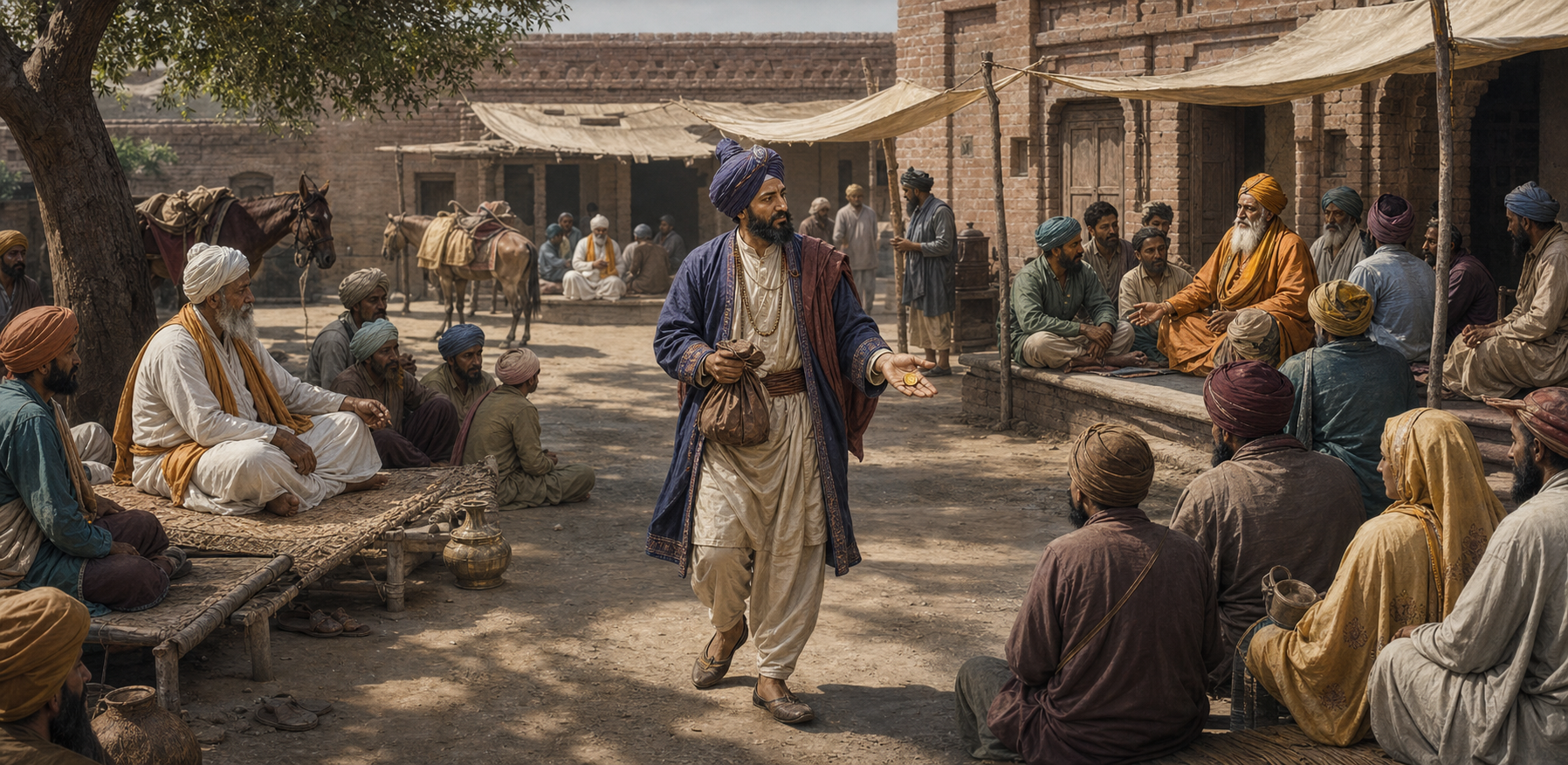 Bhai Makhan Shah walks through a Baba Bakala courtyard carrying a purse and two coins as several spiritual claimants receive visitors on separate verandas.