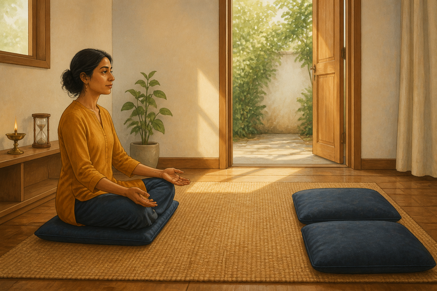 A person practices calm breathing beside two empty cushions arranged for a face-to-face conversation in a sunlit room.