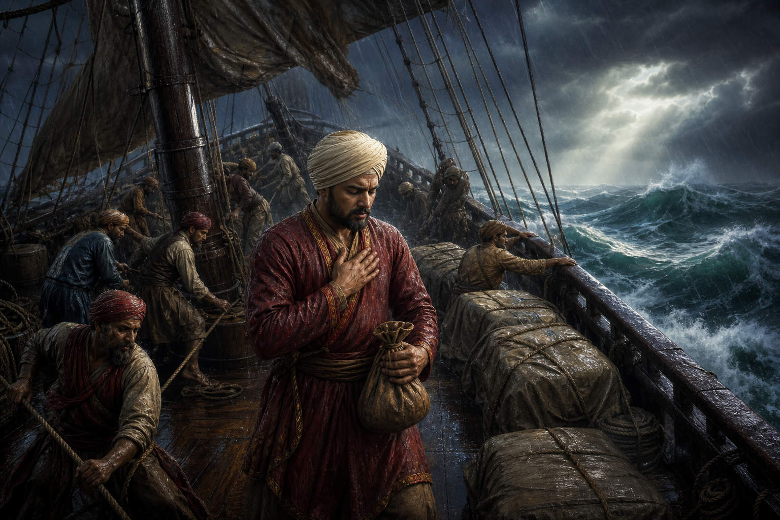 Bhai Makhan Shah prays while holding a tied coin purse aboard a seventeenth-century merchant ship caught in a severe storm.
