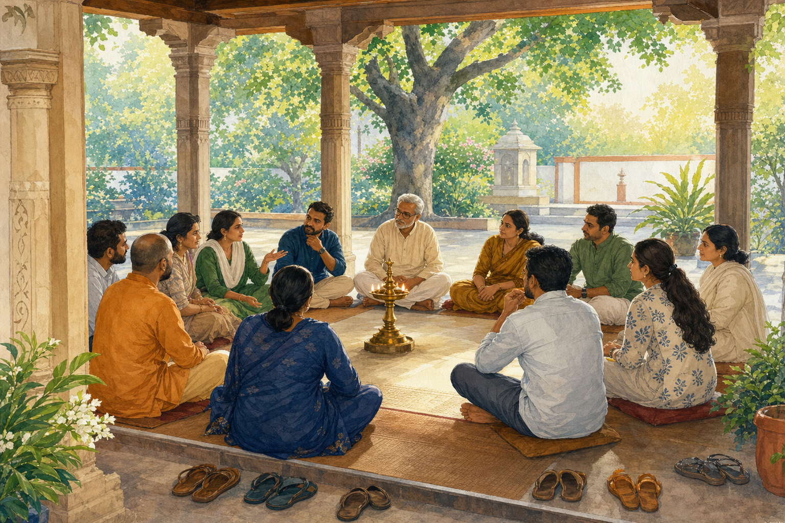 A group of anonymous Indian adults sits in a calm discussion circle around a lit brass oil lamp in an open courtyard pavilion.