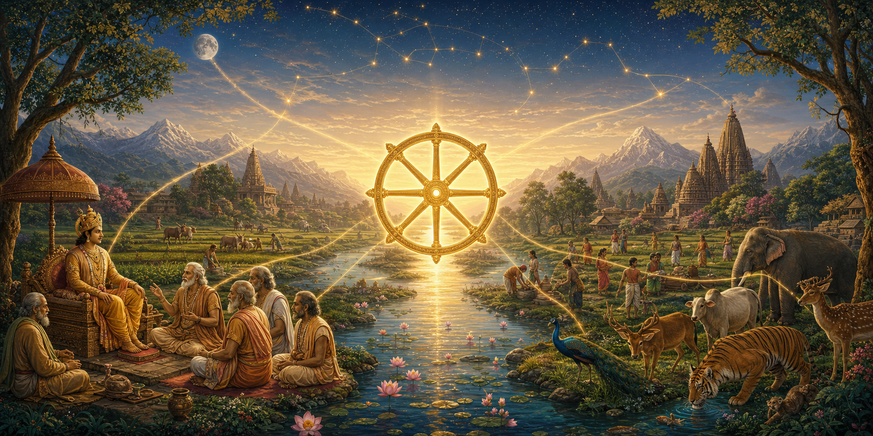 A luminous golden wheel links an ancient Indian community, cultivated earth, animals, river, mountains, sun, moon, and stars in a harmonious cosmic landscape.