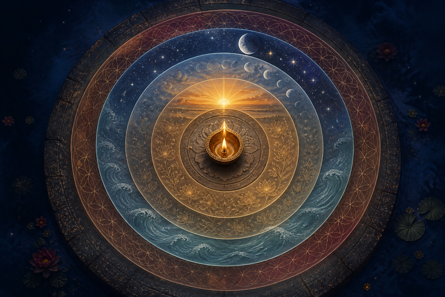 Five translucent celestial and geometric rings surround a glowing brass diya in an overhead conceptual illustration.