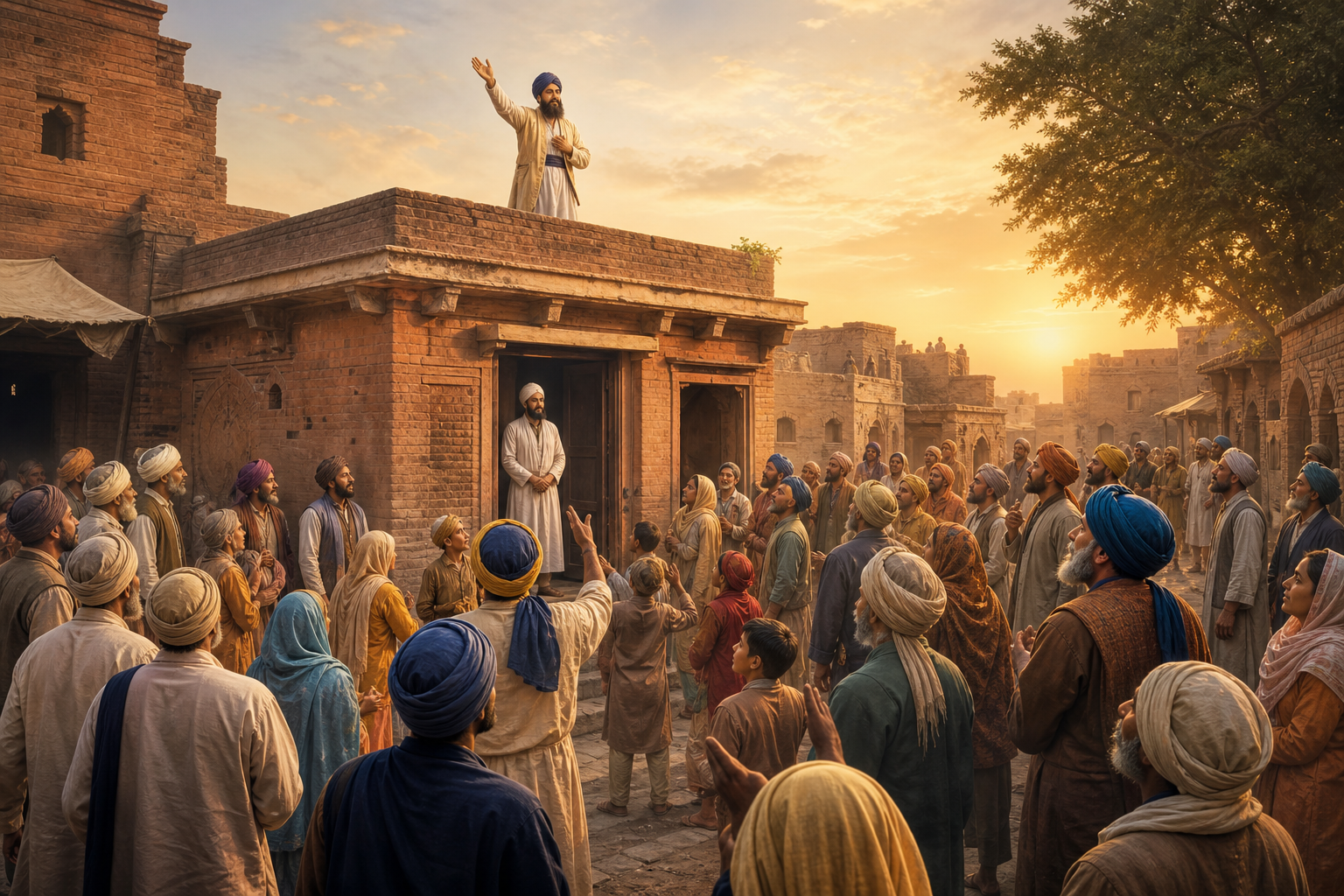 Bhai Makhan Shah raises an arm from a Baba Bakala rooftop as villagers gather below and Guru Tegh Bahadur stands calmly near a modest doorway.