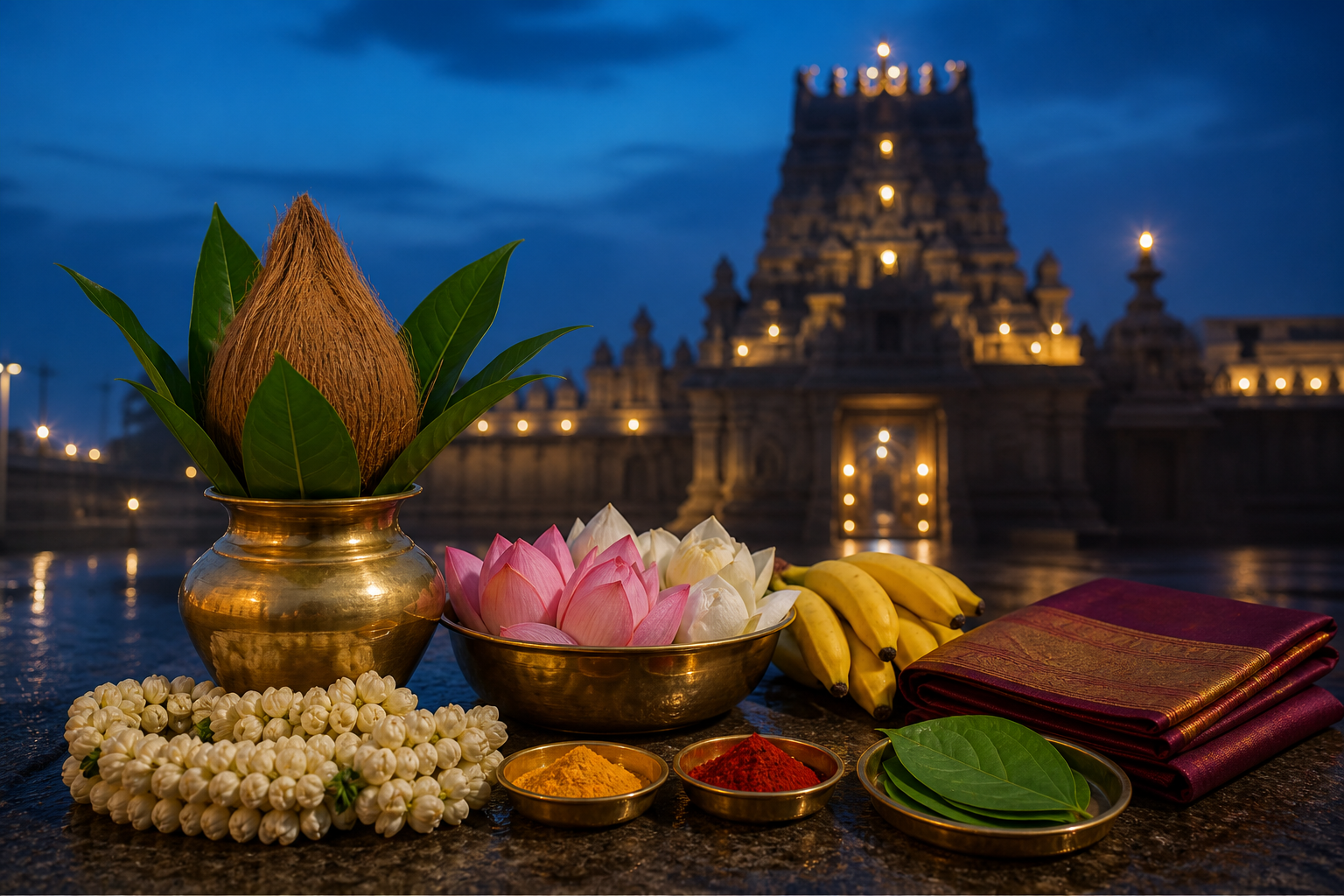 A brass kalash, lotus flowers, turmeric, kumkum, fruit, leaves, and a folded offering cloth are prepared near a lamp-lit South Indian temple gateway at dawn.