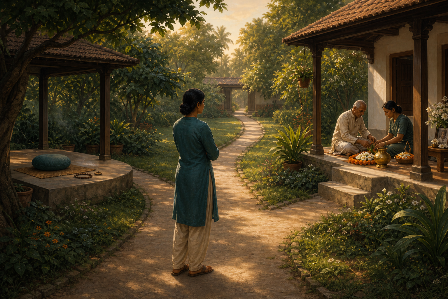 An adult pauses between a private meditation area and a veranda where two family members arrange flowers beside a brass vessel.