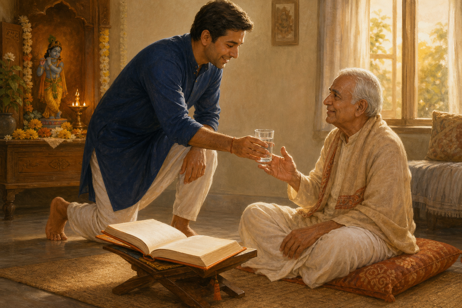 A reader beside an open sacred book offers a glass of water to an elderly family member in a softly lit home with a small Krishna shrine.