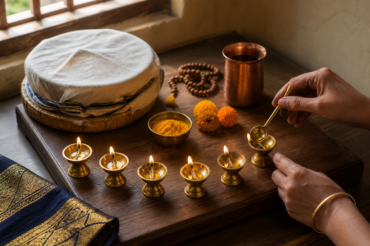 An adult tends one of six brass oil lamps beside turmeric, marigolds, prayer beads, water, and a simple covered meal.
