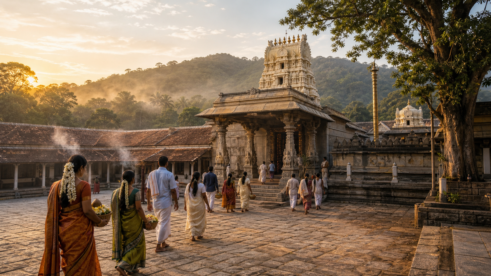 Barefoot pilgrims carrying simple offerings approach Ghati Subramanya Temple in the golden light of early morning.