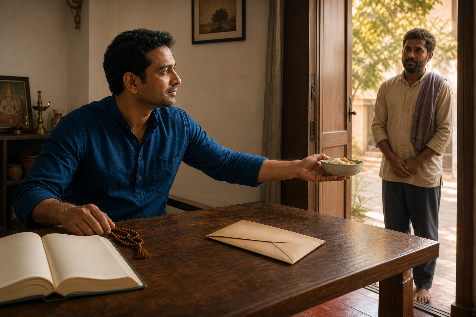 A devotee at a table moves an envelope aside and reaches for a bowl of food to give a neighbor after reading a sacred book.
