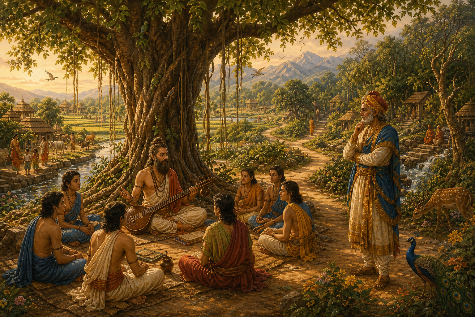 A sage with a vina speaks with young seekers beneath a banyan tree while an elder observes and two paths lead toward village life and the forest.