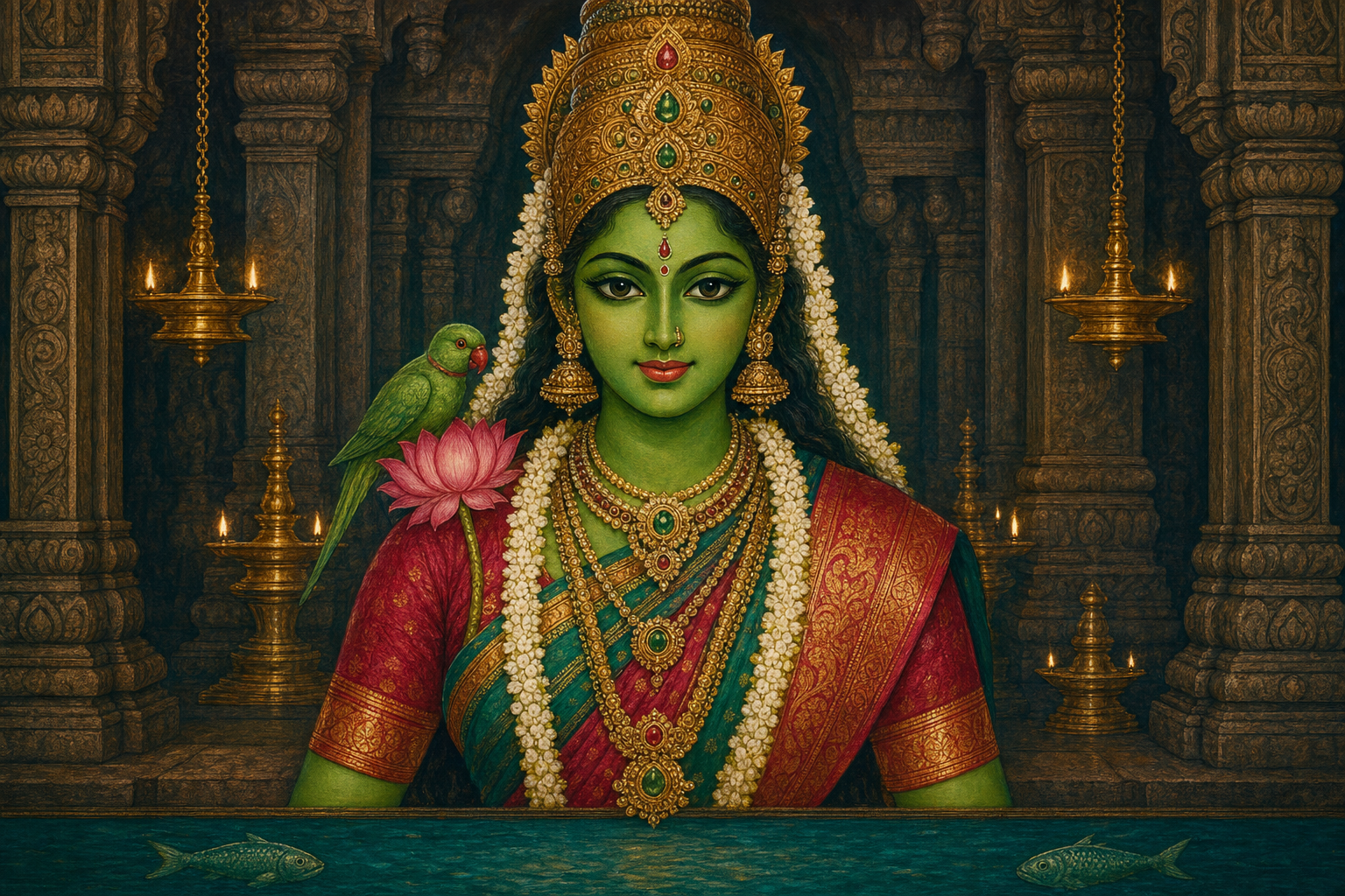 An illustrated waist-up portrait of green-complexioned goddess Meenakshi wearing a South Indian crown and gold jewelry, with long almond-shaped eyes, a lotus, a parrot, temple lamps, and two fish in water below.
