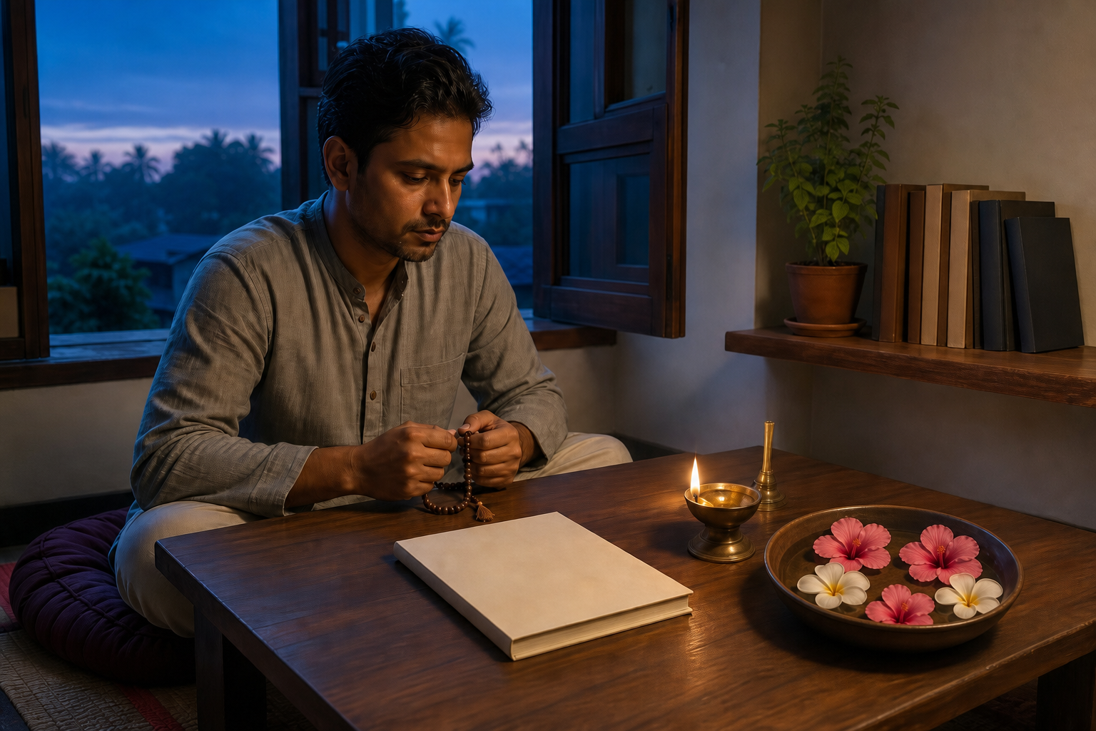 A practitioner follows a quiet dawn routine at a low desk with a meditation cushion, mala, oil lamp, flowers, and unlabeled books.