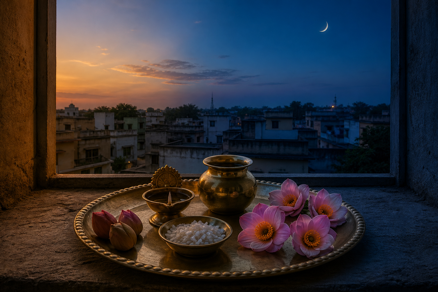A puja tray rests at a twilight window between three closed flower buds and four open blossoms beneath a waxing crescent moon.