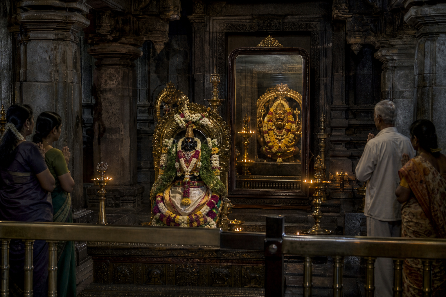Worshippers view the Subramanya shrine while a mirror reveals the Lakshmi Narasimha presence behind it in a lamplit stone sanctum.