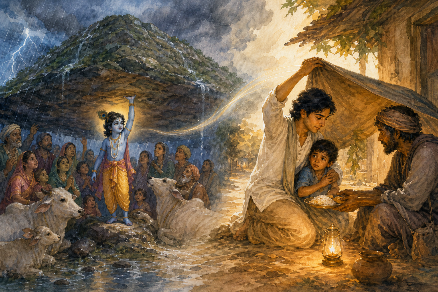 A paired illustration shows child Krishna sheltering villagers and cattle beneath Govardhan Hill and a devotee helping a child and traveler.