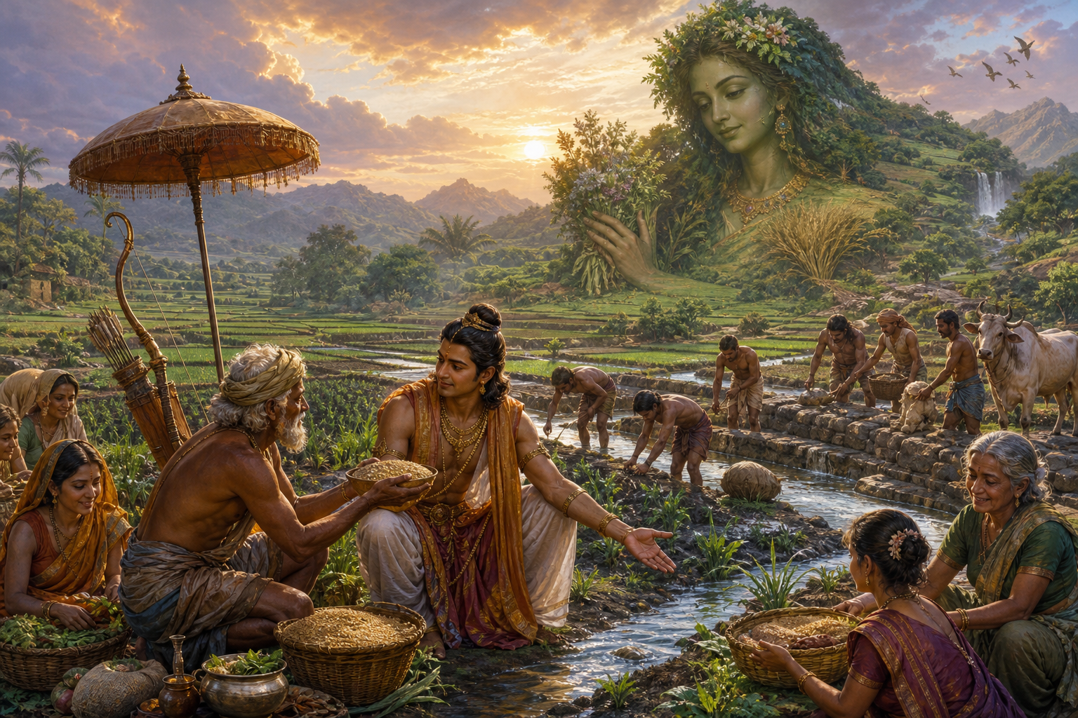 King Prithu stands among farmers as irrigation water crosses fertile fields and villagers harvest, tend cattle, and share baskets of grain.