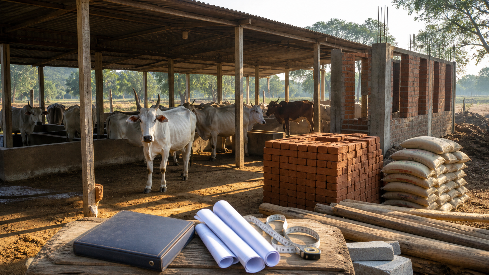 Cattle stand in a rural open-sided shelter while construction materials, rolled plans, a measuring tape, and a project file lie in the foreground.