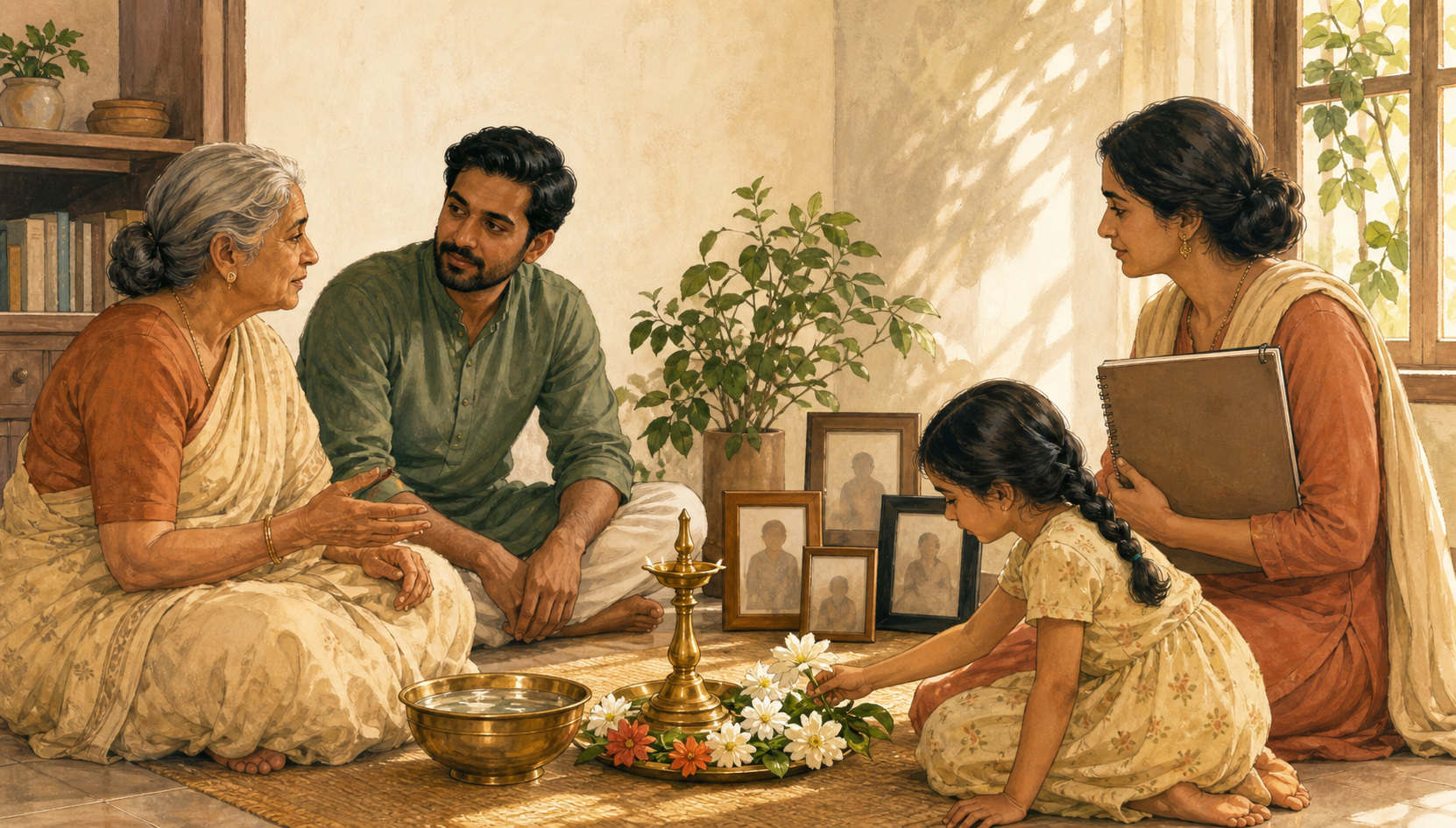 Three generations gather beside a brass lamp, flowers, water, and framed family portraits in a bright room.