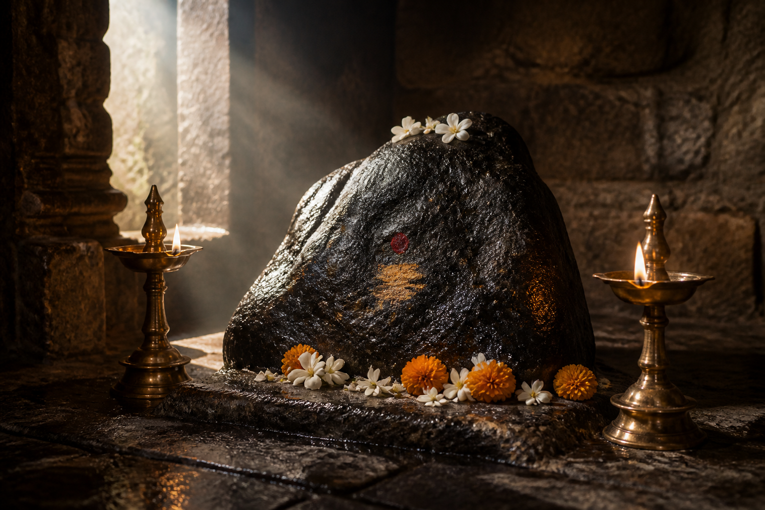 A naturally formed sacred stone is adorned with jasmine and marigold flowers between two glowing brass oil lamps.