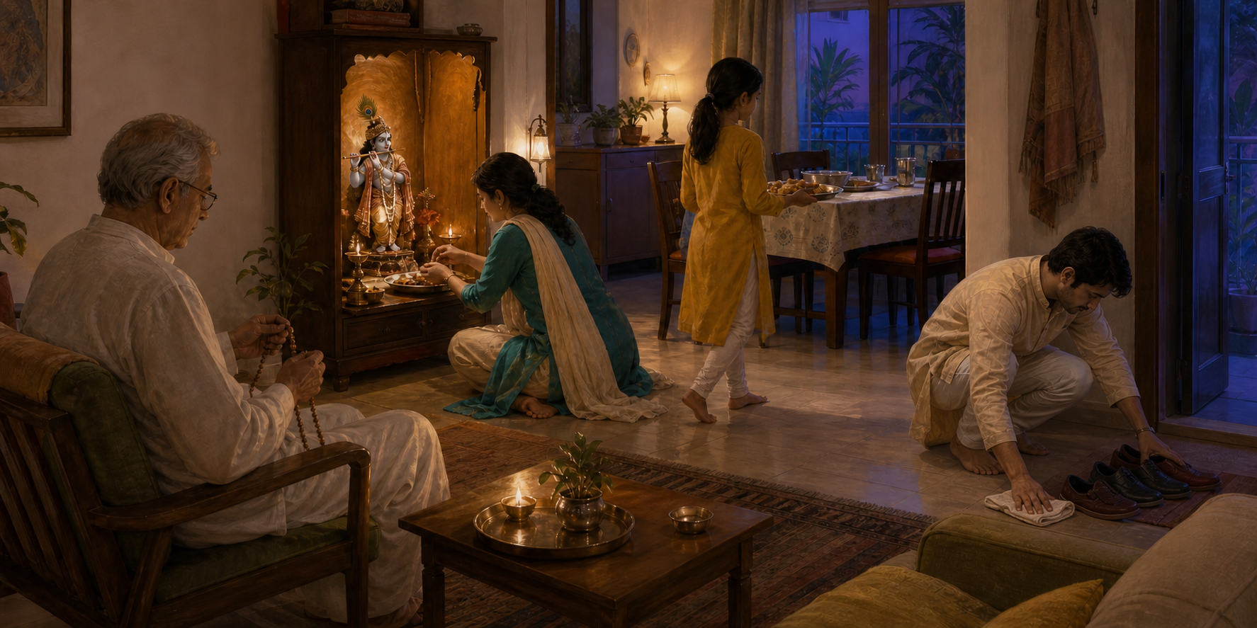 Family members offer food at a small Krishna shrine, use prayer beads, carry a plate, and prepare the home for guests.
