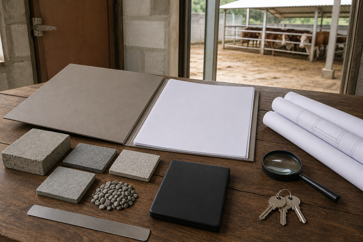 An open construction file, building plans, measuring tools, material samples, calculator, and keys are arranged on an inspection table overlooking a cattle shed.