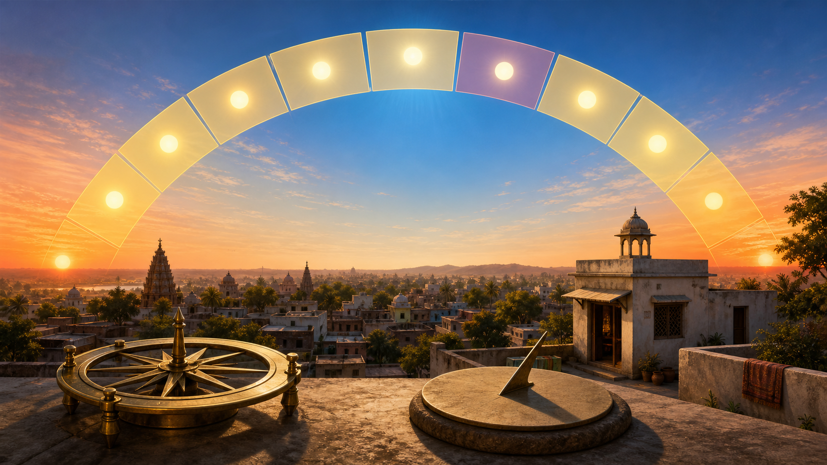 The Sun crosses a local horizon in an arc divided into eight equal segments, with one segment shaded above a small town and an unmarked sundial.