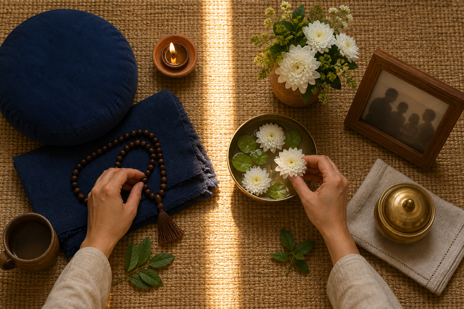 Two hands tend a meditation arrangement and a family remembrance arrangement placed side by side on a woven mat.