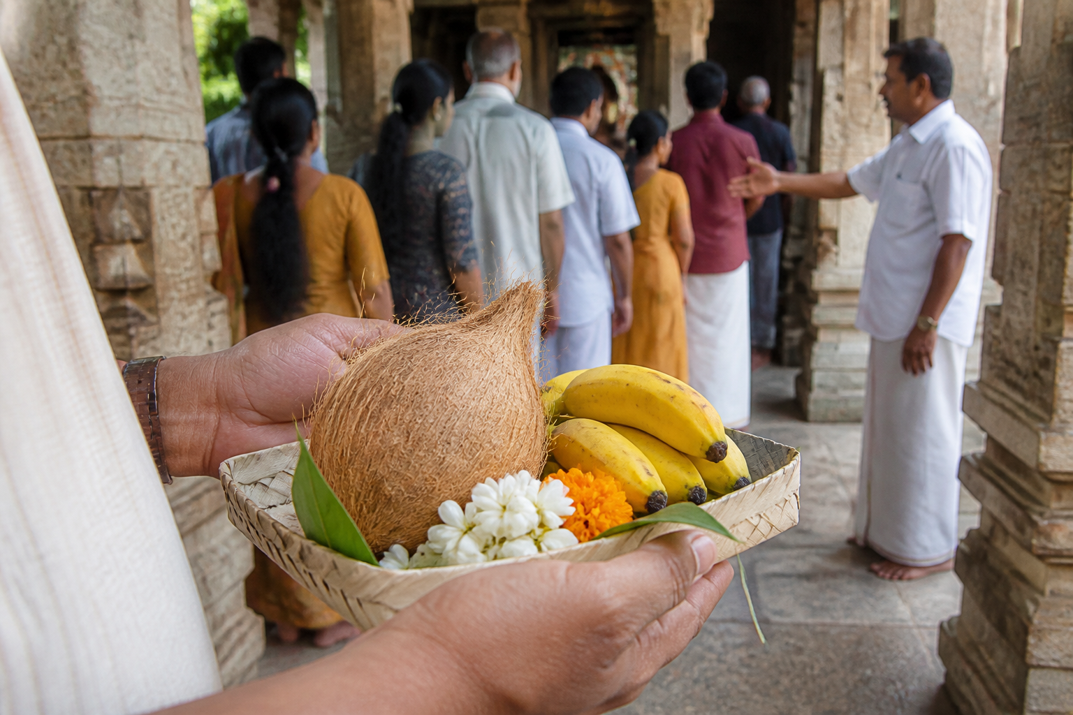 A pilgrim holds a simple tray of coconut, bananas, leaves, jasmine, and marigold flowers in the temple courtyard.