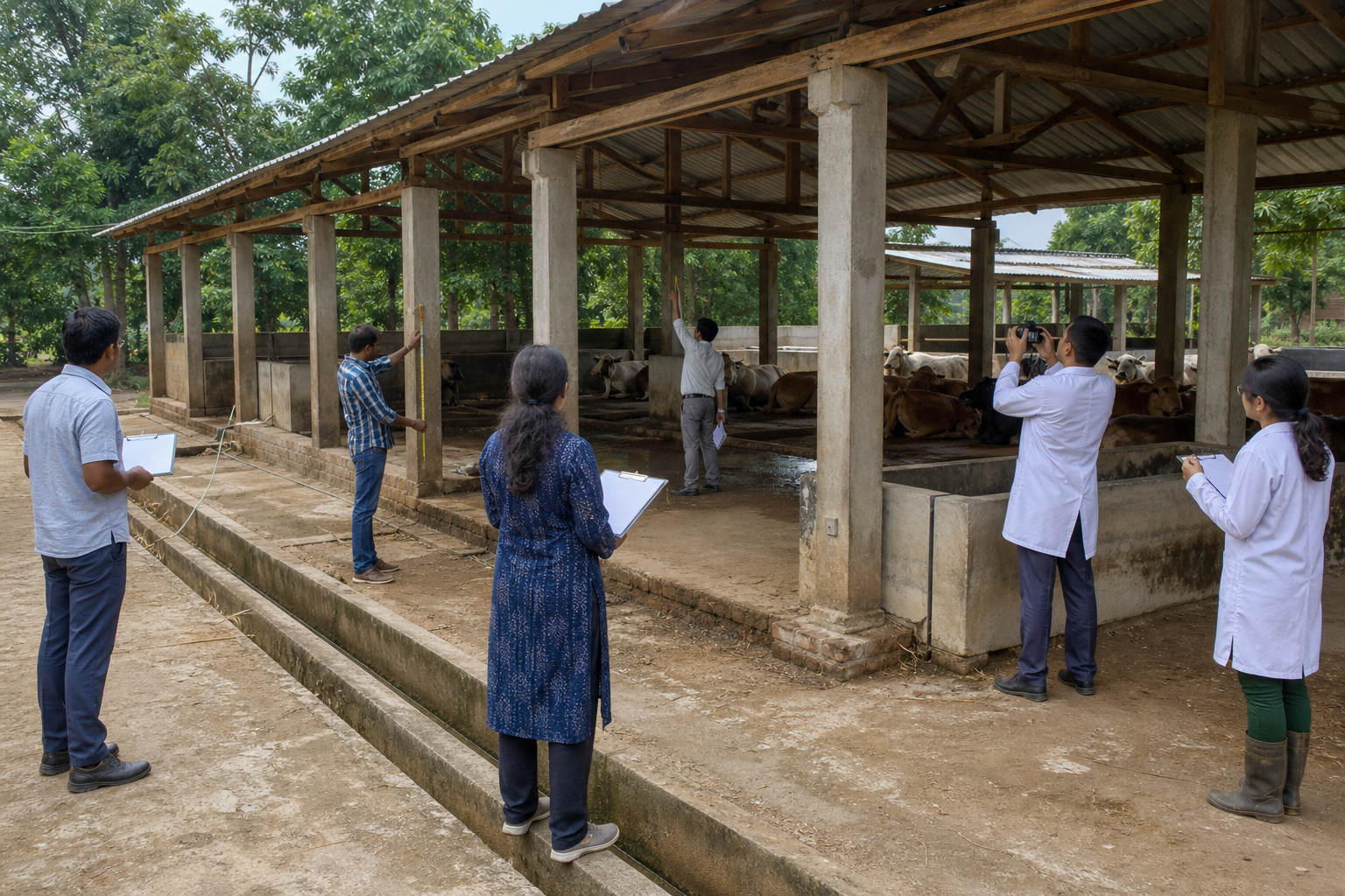Auditors, engineers, veterinary staff, and local observers inspect the structure and facilities of a rural cattle shelter.