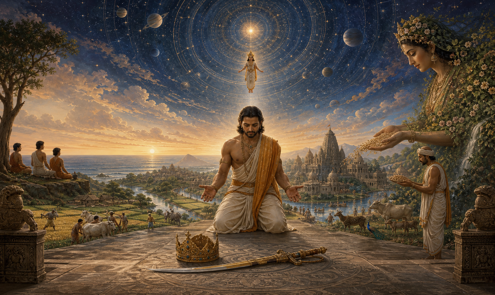 An ancient ruler kneels beneath a luminous cosmic wheel with his crown and weapon set aside, surrounded by fertile land, citizens, young seekers, and a distant figure suspended in the sky.