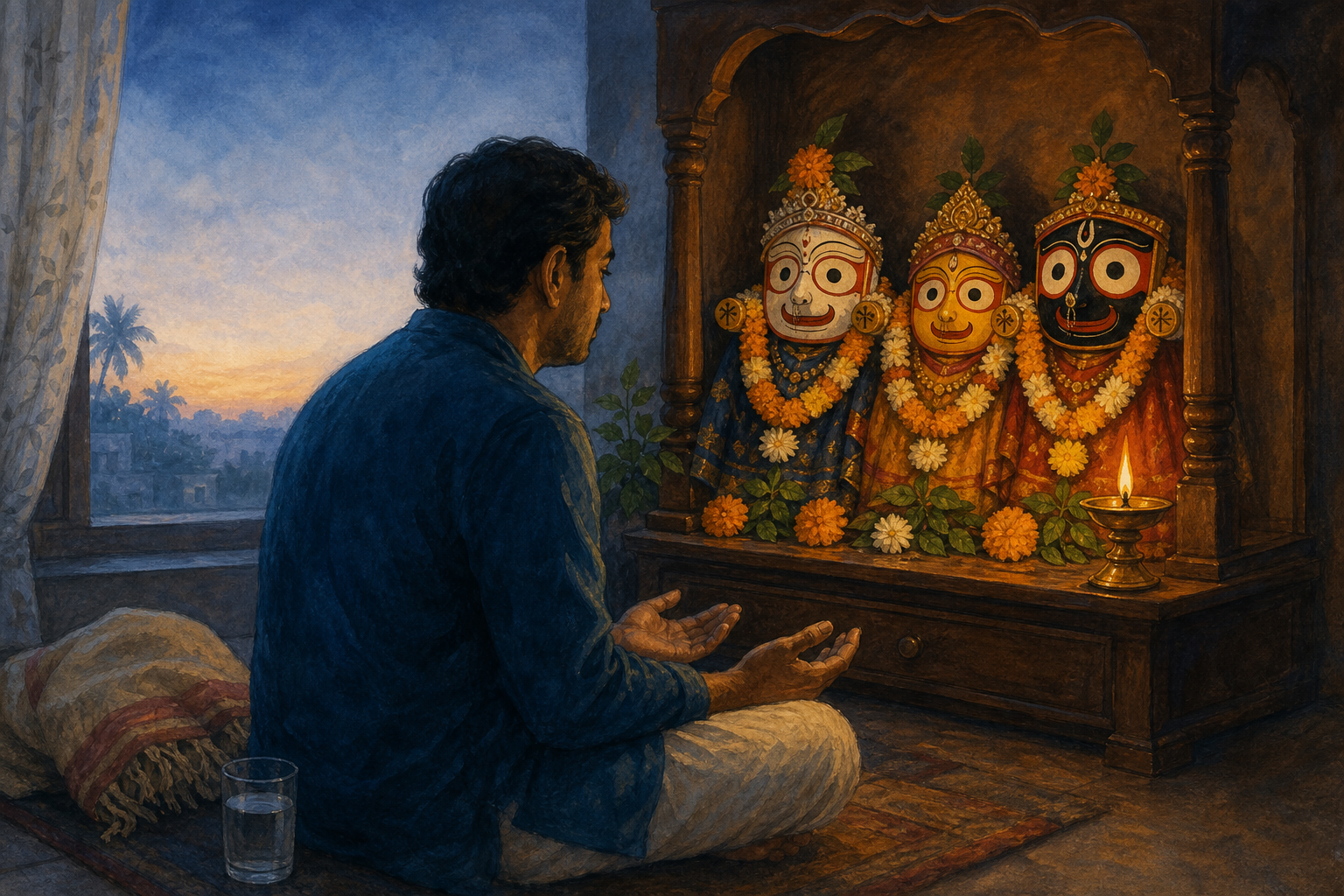 A concerned devotee sits before a flower-decorated home shrine to Lord Jagannath, Balabhadra, and Subhadra in the light of an oil lamp and a dawn window.