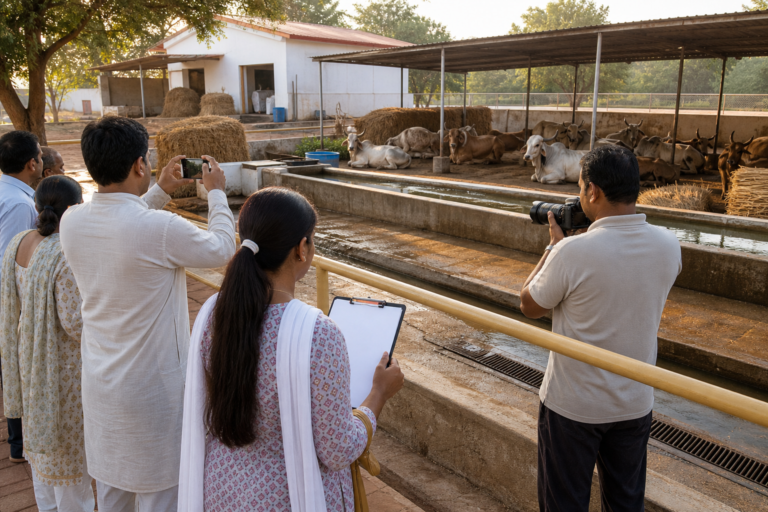Residents and service volunteers observe cattle-care facilities, including shaded stalls, water troughs, fodder storage, and drainage, at a rural shelter.