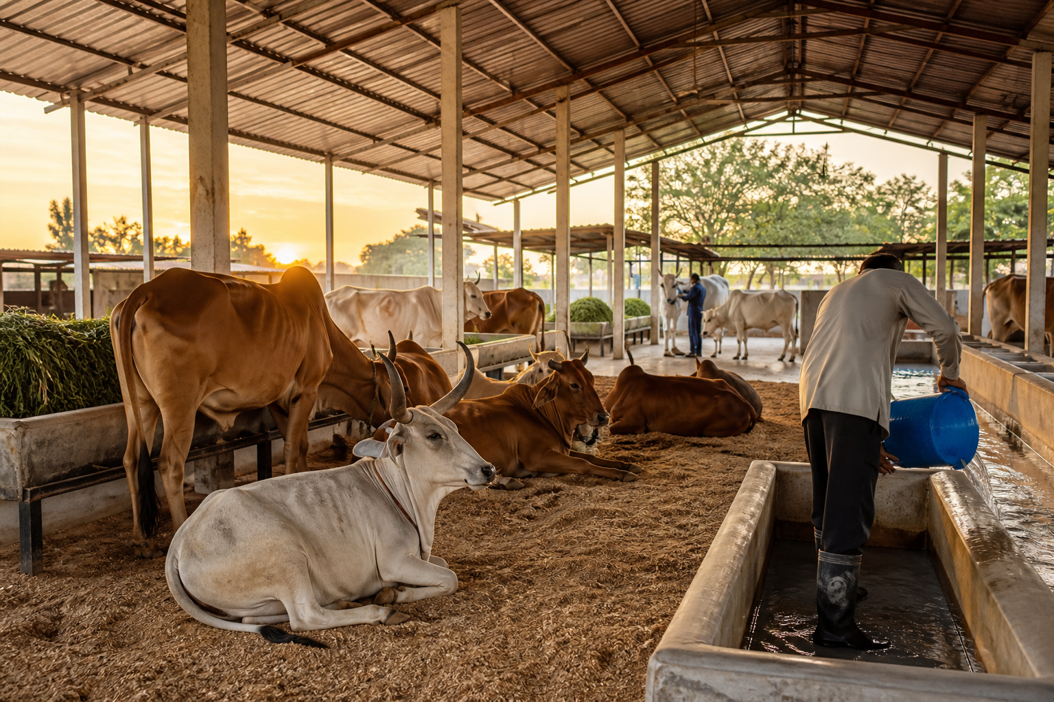 A caretaker refills a clean water trough as indigenous cattle feed and rest inside a well-maintained, ventilated shelter at dawn.